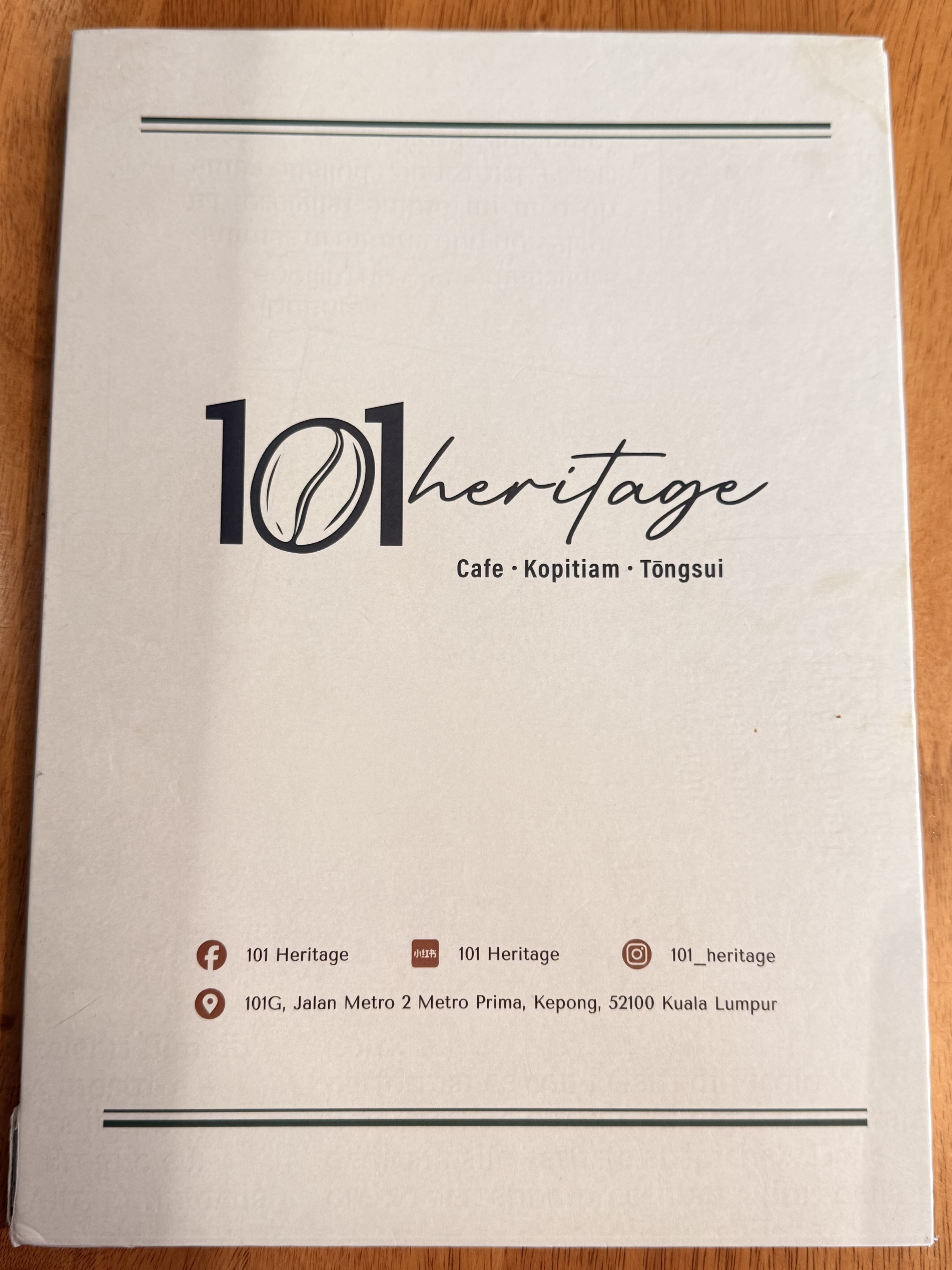 101 Heritage menu page 1